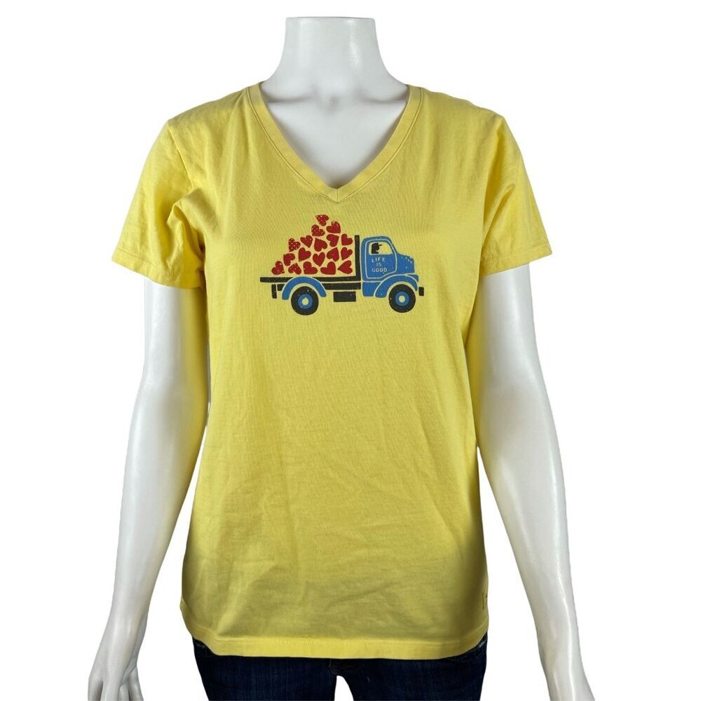 Life Is Good Womens Crusher Tee Small Short Sleeve V-Neck Truck Hearts
